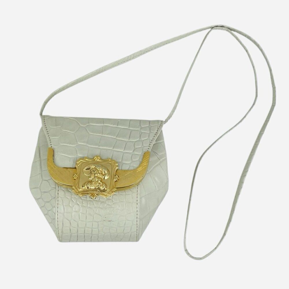 RARE Vintage Valerie Ann Gold Cameo White Alligator Skin Purse Handbag Crossbody